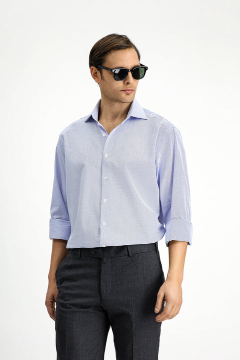 Mavi Uzun Kol Klasik Desenli Pamuk Gömlek