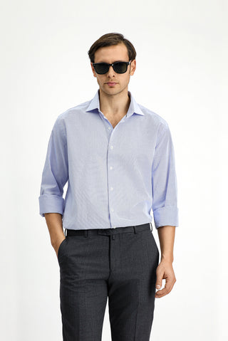  Mavi Uzun Kol Klasik Desenli Pamuk Gömlek