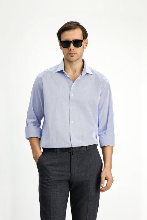 Mavi Uzun Kol Klasik Desenli Pamuk Gömlek