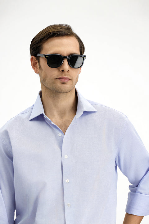 Mavi Uzun Kol Klasik Desenli Pamuk Gömlek