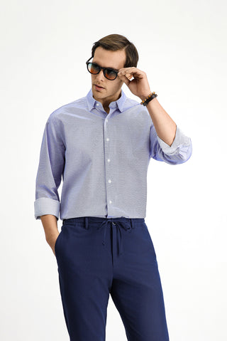  Orta Lacivert Uzun Kol Klasik Desenli Pamuk Gömlek