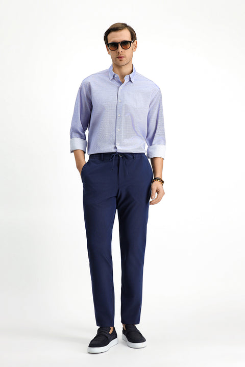 Orta Lacivert Uzun Kol Klasik Desenli Pamuk Gömlek