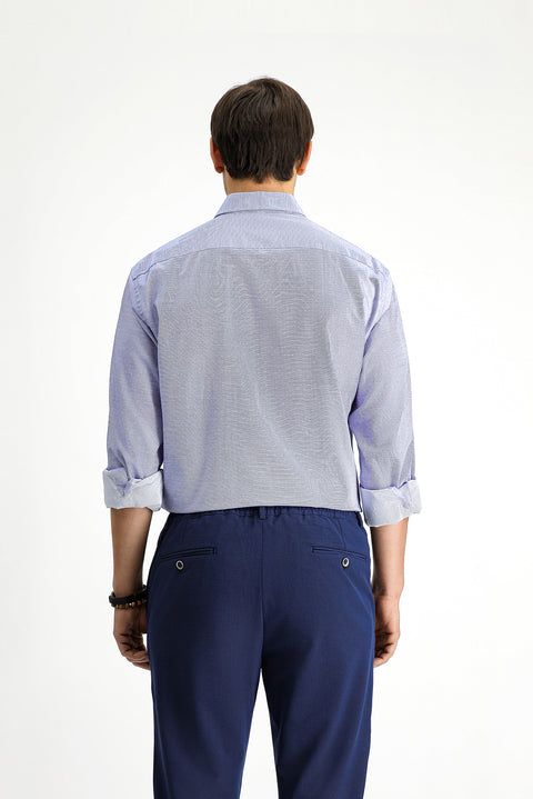 Orta Lacivert Uzun Kol Klasik Desenli Pamuk Gömlek