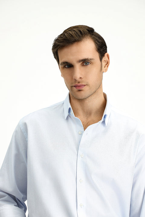 Açık Mavi Uzun Kol Klasik Desenli Pamuk Gömlek