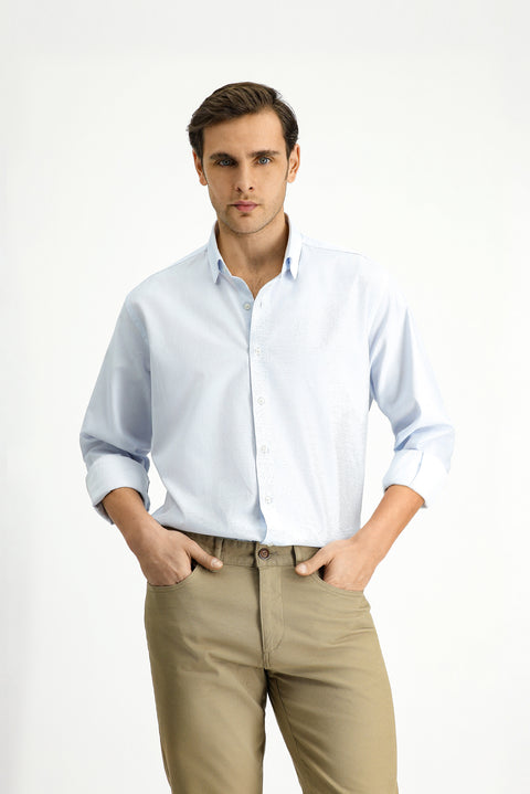 Açık Mavi Uzun Kol Klasik Desenli Pamuk Gömlek