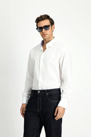  Beyaz Uzun Kol Klasik Desenli Pamuk Gömlek