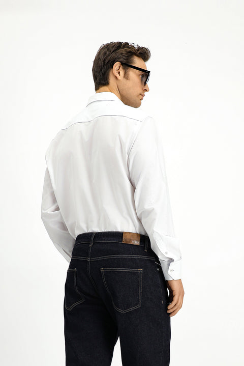 Beyaz Uzun Kol Klasik Desenli Pamuk Gömlek