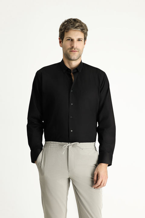 Siyah Uzun Kol Regular Fit Desenli Spor Pamuklu Düğmeli Yaka Gömlek