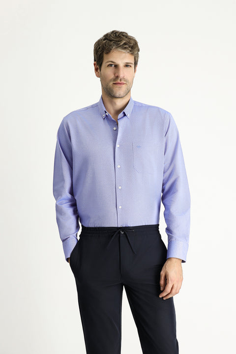 Mavi Uzun Kol Regular Fit Desenli Spor Pamuklu Düğmeli Yaka Gömlek