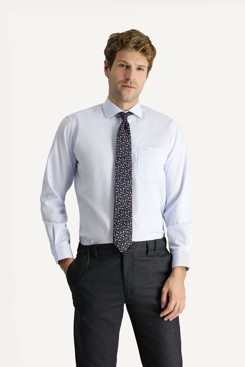 Açık Mavi Uzun Kol Non Iron Klasik Desenli Pamuklu Gömlek