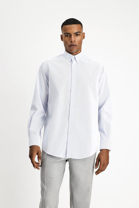 Açık Mavi Uzun Kol Klasik Non Iron Desenli Pamuklu Düğmeli Yaka Gömlek