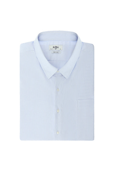  Açık Mavi Uzun Kol Klasik Desenli Non Iron Cepli Pamuklu Gömlek