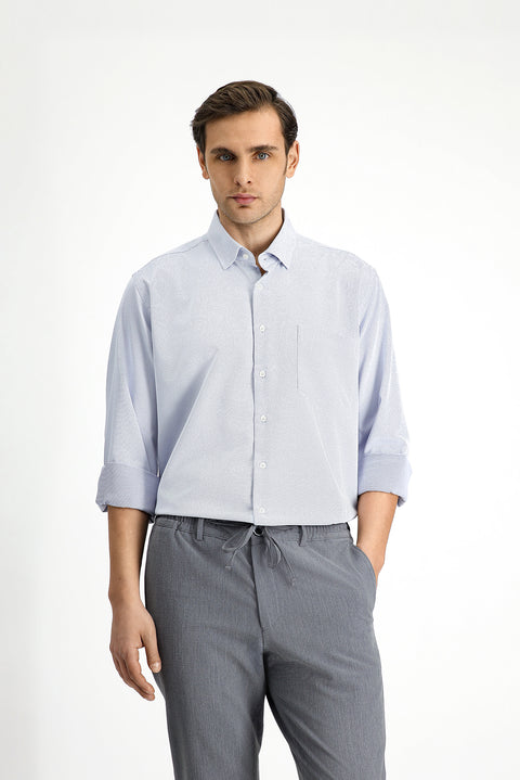 Açık Lacivert Uzun Kol Klasik Desenli Pamuklu Kolay Ütülenebilir Gömlek