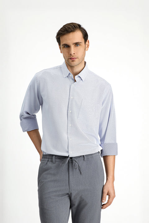 Açık Lacivert Uzun Kol Klasik Desenli Pamuklu Kolay Ütülenebilir Gömlek