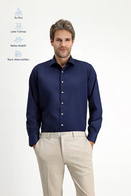  Koyu Lacivert Uzun Kol Klasik Nano Care Su İtici Leke Tutmaz 4 Mevsim Pamuk Gömlek