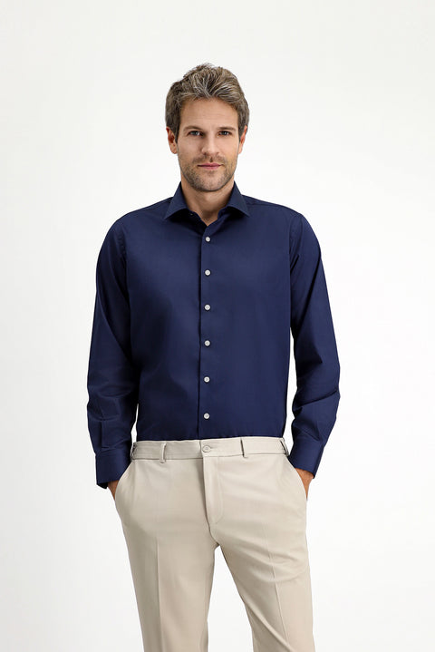 Koyu Lacivert Uzun Kol Klasik Su İtici Leke Tutmaz 4 Mevsim Pamuk Gömlek