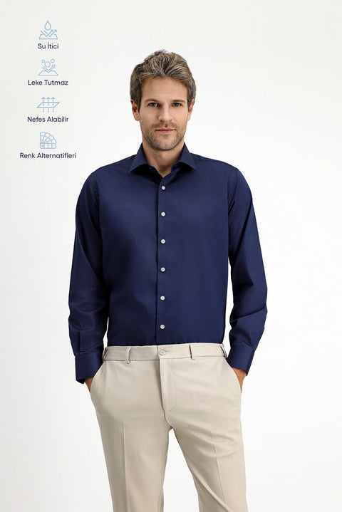 Koyu Lacivert Uzun Kol Klasik Nano Care Su İtici Leke Tutmaz 4 Mevsim Pamuk Gömlek