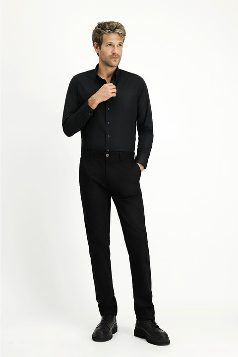 Siyah Uzun Kol Slim Fit Dar Kesim Pamuk Klasik Gömlek
