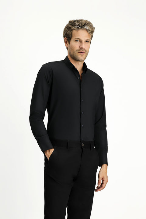 Siyah Uzun Kol Slim Fit Dar Kesim Pamuk Klasik Gömlek