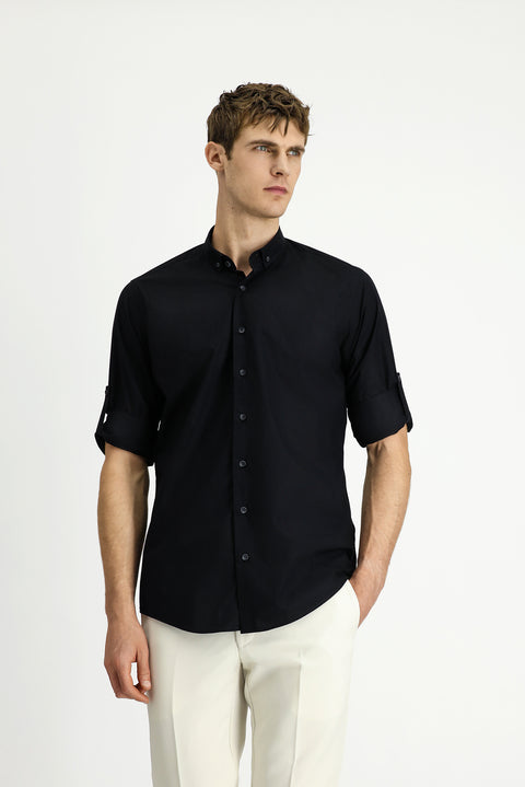 Siyah Uzun Kol Regular Fit Düğmeli Yaka Pamuk Gömlek