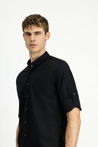  Siyah Uzun Kol Regular Fit Düğmeli Yaka Pamuk Gömlek