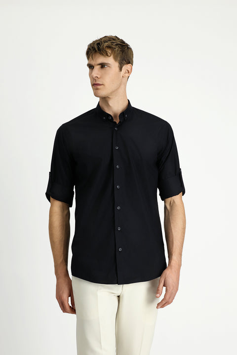 Siyah Uzun Kol Regular Fit Düğmeli Yaka Pamuk Gömlek