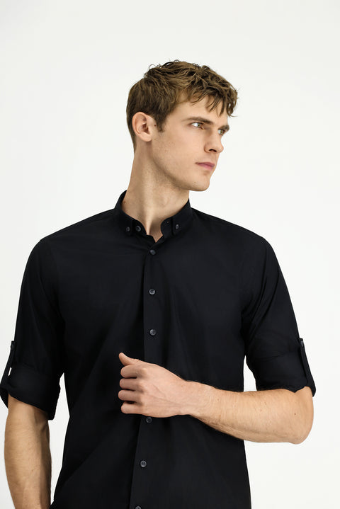 Siyah Uzun Kol Regular Fit Düğmeli Yaka Pamuk Gömlek