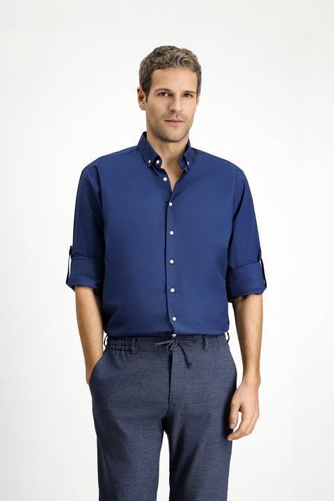 Orta Lacivert Uzun Kol Regular Fit Düğmeli Yaka Pamuk Gömlek