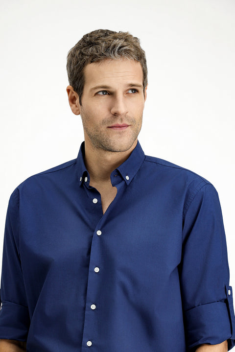 Orta Lacivert Uzun Kol Regular Fit Düğmeli Yaka Pamuk Gömlek