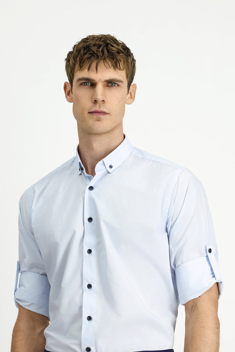 Açık Mavi Uzun Kol Regular Fit Düğmeli Yaka Pamuk Gömlek