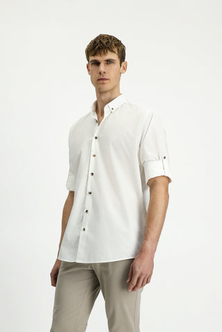  Beyaz Uzun Kol Regular Fit Düğmeli Yaka Pamuk Gömlek