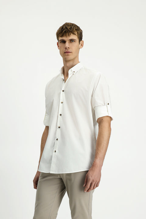 Beyaz Uzun Kol Regular Fit Düğmeli Yaka Pamuk Gömlek