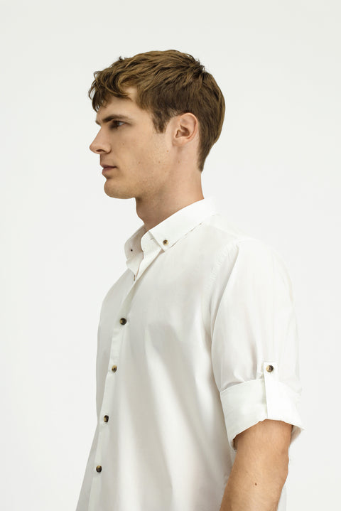Beyaz Uzun Kol Regular Fit Düğmeli Yaka Pamuk Gömlek