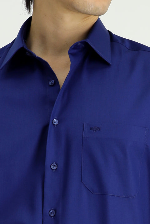 Orta Lacivert Uzun Kol Non Iron Saten Klasik Cepli Pamuklu Gömlek