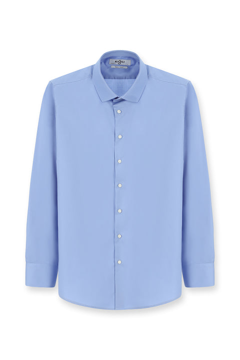 Light Blue Long Sleeve Non-Iron Satin Classic Cotton Shirt with Pockets
