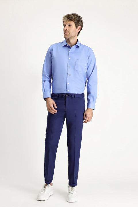 Aqua Blue Long Sleeve Non-Iron Satin Classic Pocketed Cotton Shirt