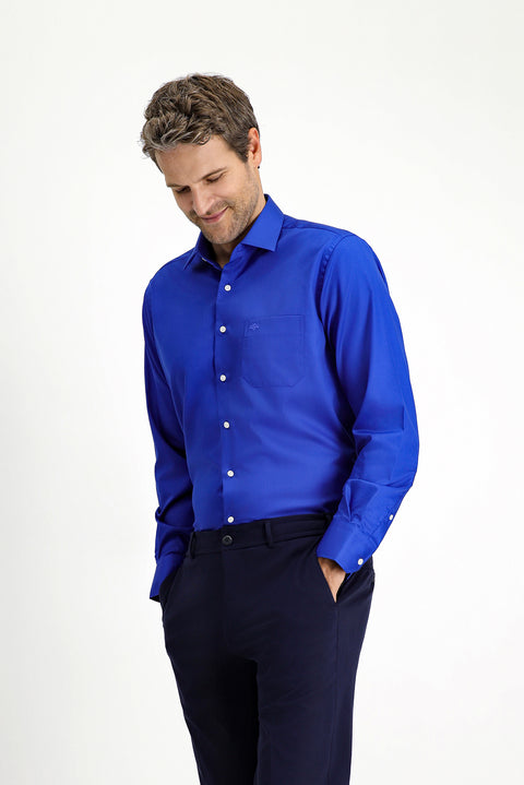 Saks Mavi Uzun Kol Non Iron Saten Klasik Cepli Pamuklu Gömlek