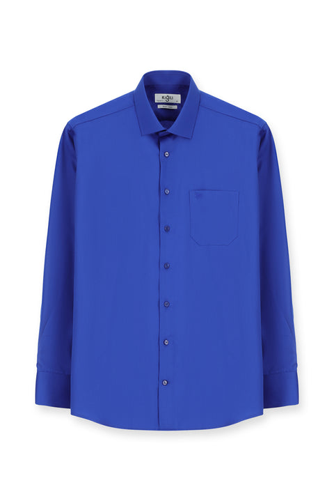 Saks Mavi Uzun Kol Non Iron Saten Klasik Cepli Pamuklu Gömlek