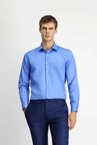  Koyu Mavi  Uzun Kol Non Iron Saten Klasik Cepli Pamuklu Gömlek