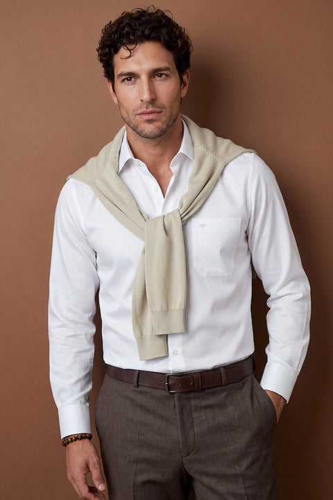 White Long Sleeve Non-Iron Satin Classic Pocketed Cotton Shirt