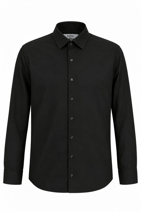 Siyah Uzun Kol Non Iron Ütü Gerektirmeyen Saten Regular Fit Klasik Pamuklu Gömlek