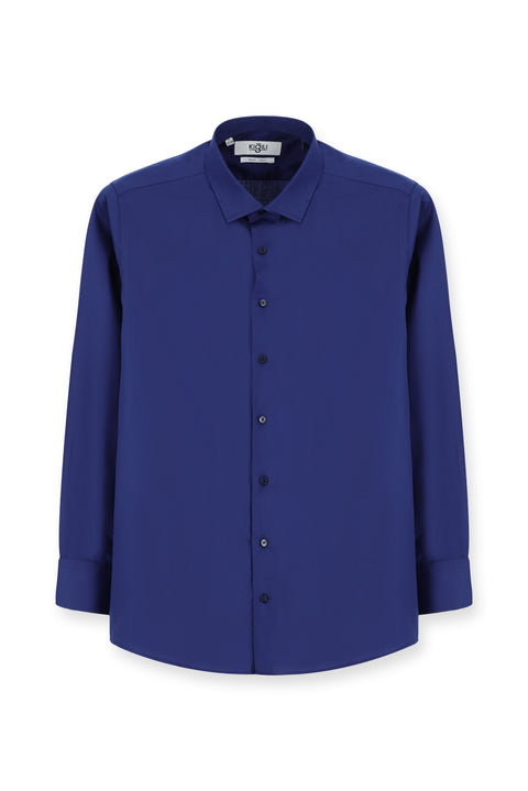 Orta Lacivert Uzun Kol Non Iron Saten Klasik Pamuklu Gömlek