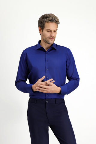  Orta Lacivert Uzun Kol Non Iron Saten Klasik Pamuklu Gömlek