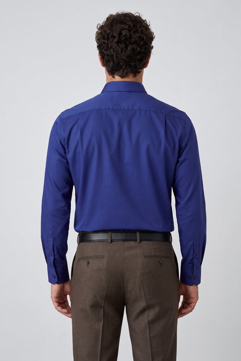 Mid-Navy Long-Sleeve Non-Iron Sateen Regular Fit Classic Cotton Shirt