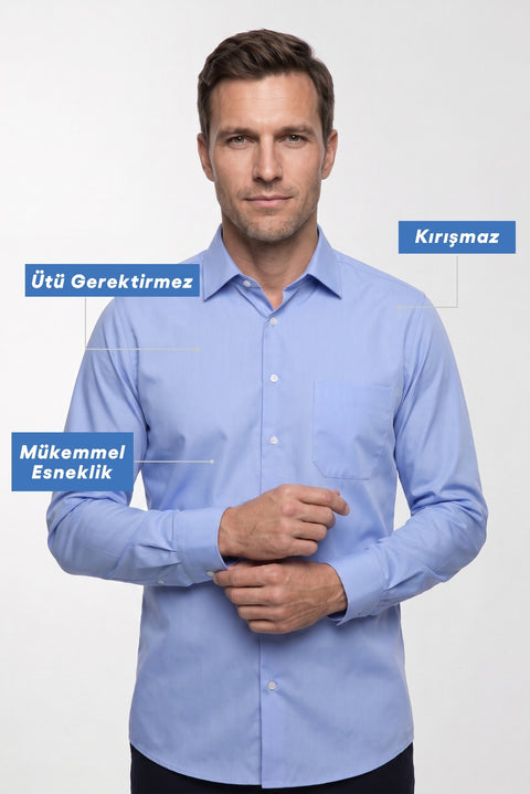 Aqua Mavisi Uzun Kol Regular Fit Klasik Yaka Cepli Pamuklu Non Iron Ütü Gerektirmeyen Gömlek