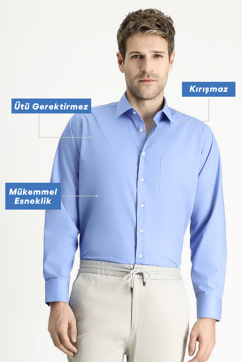 Aqua Mavisi Uzun Kol Regular Fit Klasik Yaka Cepli Pamuklu Non Iron Ütü Gerektirmeyen Gömlek