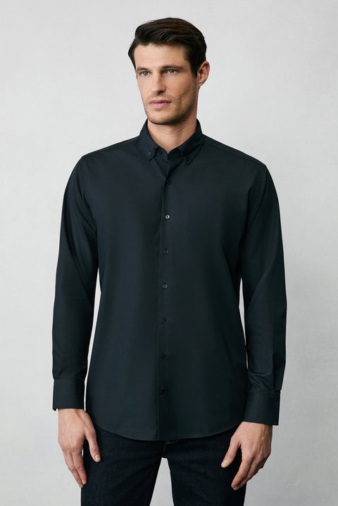 Siyah Uzun Kol Regular Fit Düğmeli Yaka Pamuklu Non Iron Ütü Gerektirmeyen Gömlek
