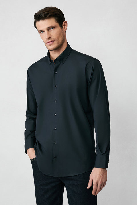 Siyah Uzun Kol Regular Fit Düğmeli Yaka Pamuklu Non Iron Ütü Gerektirmeyen Gömlek