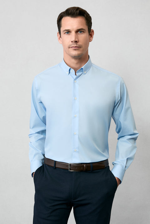 Uçuk Mavi Uzun Kol Regular Fit Düğmeli Yaka Pamuklu Non Iron Ütü Gerektirmeyen Gömlek