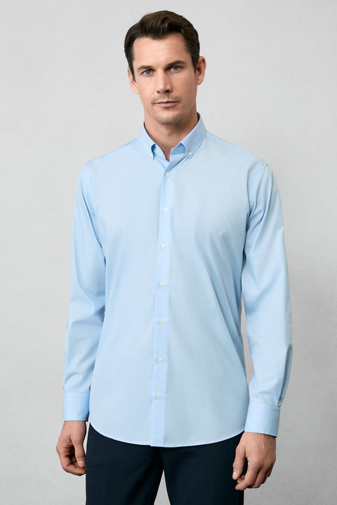 Uçuk Mavi Uzun Kol Regular Fit Düğmeli Yaka Pamuklu Non Iron Ütü Gerektirmeyen Gömlek